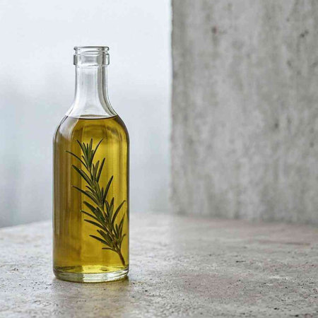 Olive oil in glass bottle with rosemary twig on concrete background