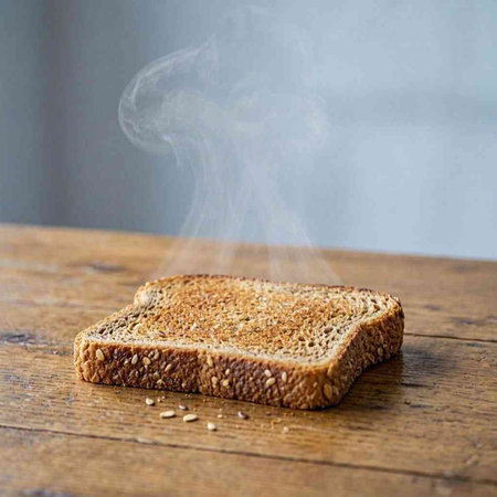 Sliced bread on a wooden table with smoke coming out of it