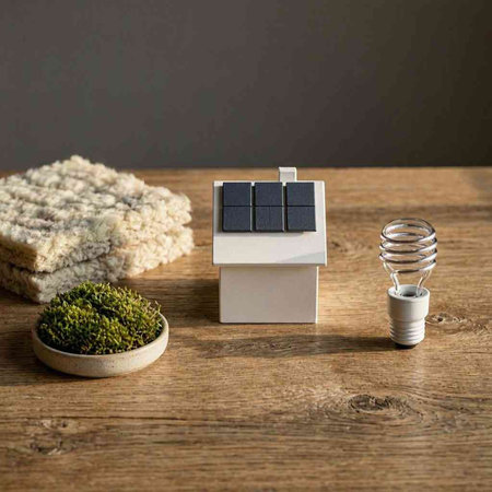 Solar panel and light bulb on wooden table. Alternative energy source.