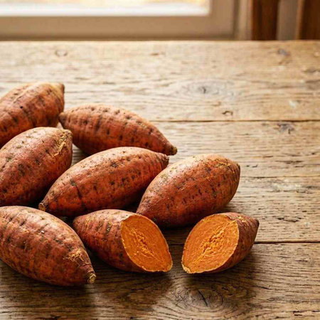 Sweet potato on wooden table. Sweet potato on rustic background. Sweet potato on wooden table
