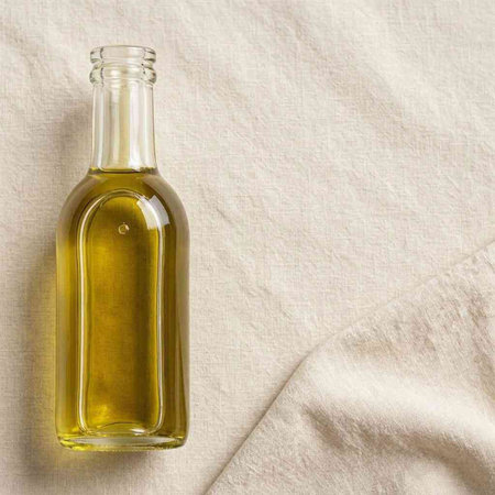 Olive oil in a glass bottle on a linen tablecloth.