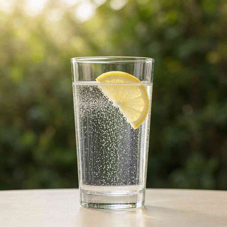 Glass of water with lemon and ice on the table in garden.