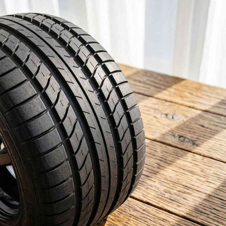 Car tire on the wooden floor with sunlight in the background. Conceptual photo.