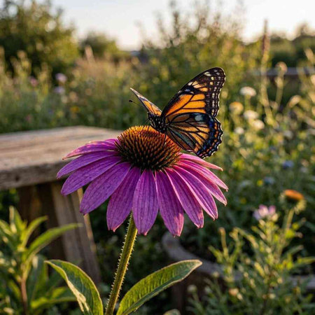 A butterfly sits on a purple echinacea flower in the garden.