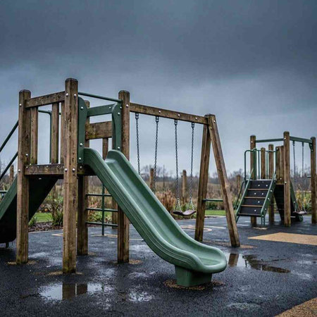 Playground in the rain with a slide and a bench in the foreground