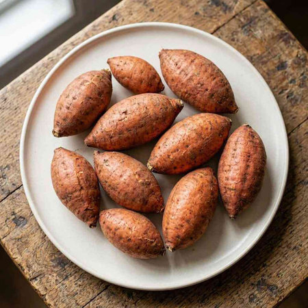 Sweet potatoes in a ceramic plate on a wooden table, top view