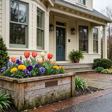 Colorful tulips in a flowerpot in front of a house