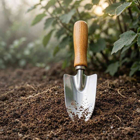 Gardening tools on ground. Gardening, planting, horticulture concept.