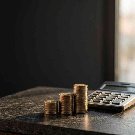 calculator and stack of coins for finance and banking concept.