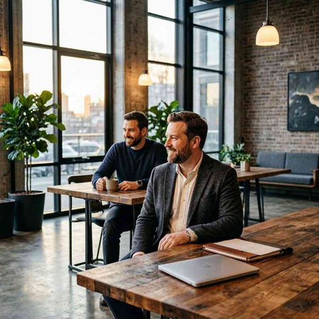 Two business people working together in a modern loft office. Men sitting at the table and talking.