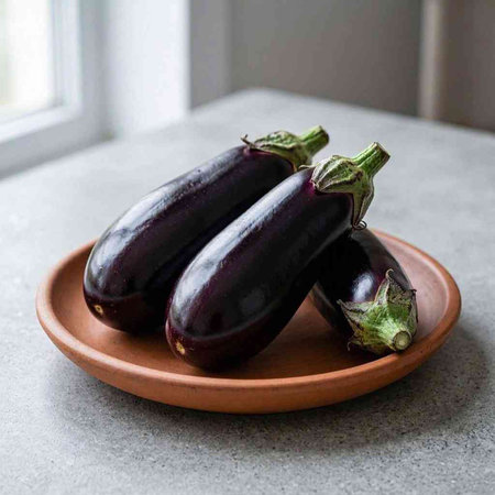 Fresh purple eggplants on a clay plate on the kitchen table