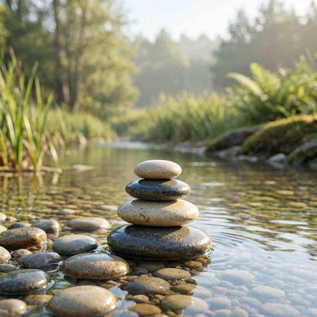 Stack of pebble stones in the river. Zen concept.