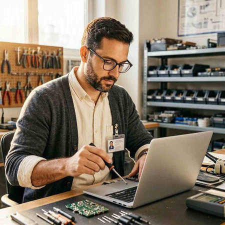 Technician repairing a laptop in a workshop. Man working on a laptop.