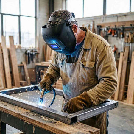 Worker in protective mask welds metal with arc welding machine.