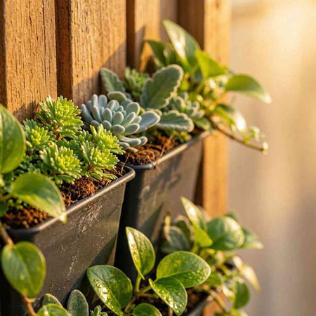 Succulent plants in pots on a wooden fence in the garden