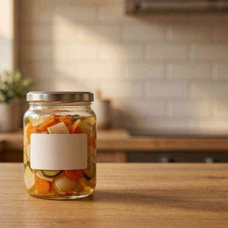 Glass jar of canned vegetables with empty label on wooden table in kitchen