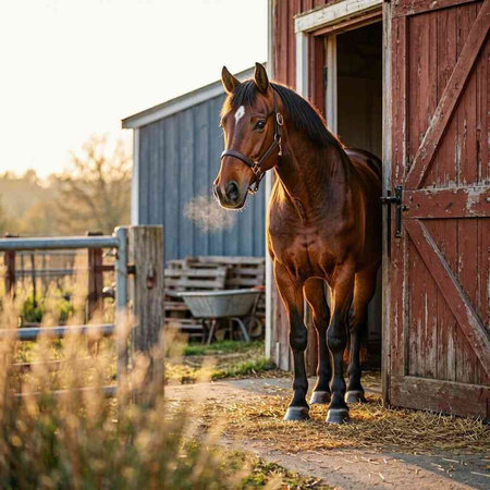 Horse in the paddock at sunset. Beautiful horse in the stable.