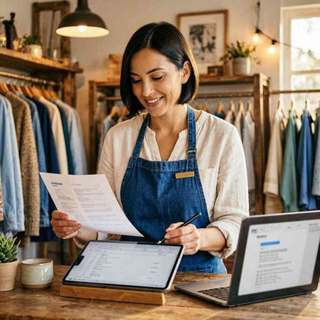 Smiling young woman in apron using digital tablet and checking documents in the store