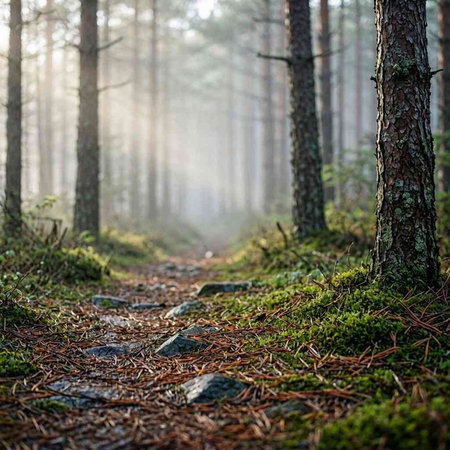 Pathway through the mysterious evergreen forest at sunrise. Pine, spruce, pine trees close-up. Atmospheric landscape. Pure nature, ecology, environmental conservation, eco tourism