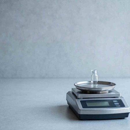 Digital scale with ampoule on grey background. Copy space.