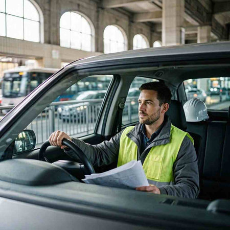 Portrait of a male worker driving a car in a warehouse.