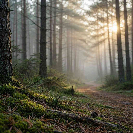 Mysterious evergreen forest in a fog at sunrise. Mighty pine and spruce trees, moss, fern, plants close-up. Atmospheric landscape. Pure nature, ecology, environmental conservation, ecotourism