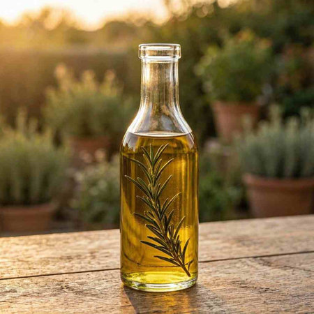 Olive oil in a bottle with rosemary on a wooden table