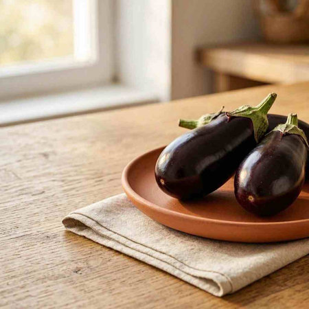 Eggplants on a plate on a rustic wooden table