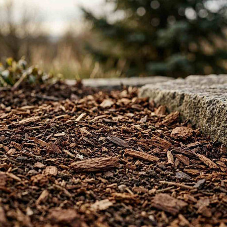A close up shot of a stone path in the garden with a blurred background