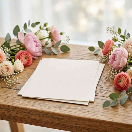 Wedding invitation card mockup with flowers on wooden table.