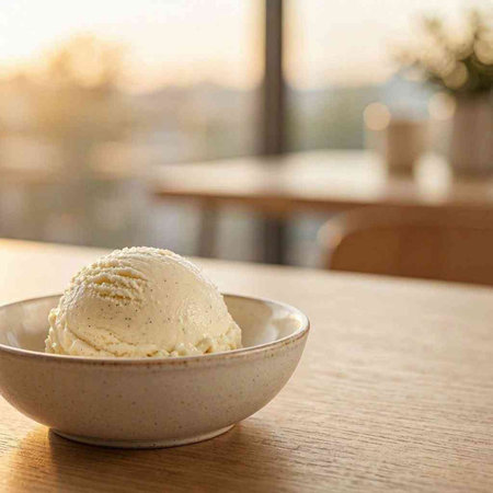 ice cream scoops in a bowl on wooden table with copy space