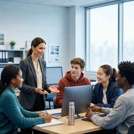 Diverse group of business people working together in a modern office.