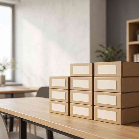 Wooden cubes with blank labels on a wooden table in the office