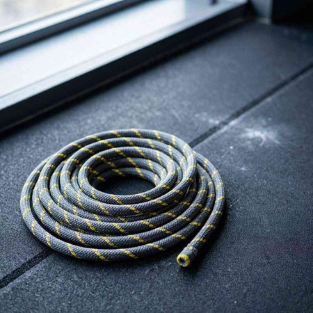 A roll of rope on the background of the window. Close-up.