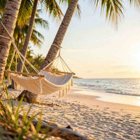 Hammock on a tropical beach at sunset. Vacation concept