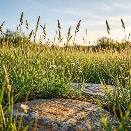 Grass in the meadow at sunset. Beautiful natural background.
