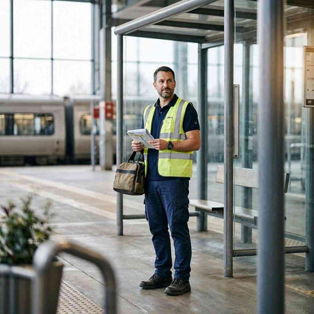 Portrait of a male train conductor holding a tablet in a station