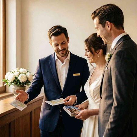 Wedding couple looking at the money in the hotel room.
