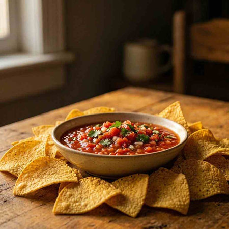 Mexican salsa with tortilla chips on a rustic wooden table