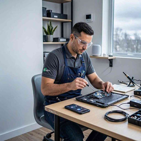 Repairman repairing broken computer at home. Repair service concept.