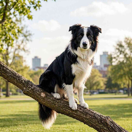 Border Collie sitting on a tree branch in the city park.