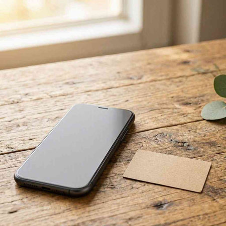 Smartphone with blank business card on wooden table. Copy space.