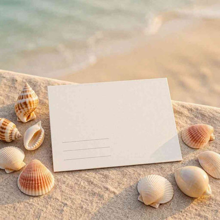 Blank card with seashells on the sand by the sea
