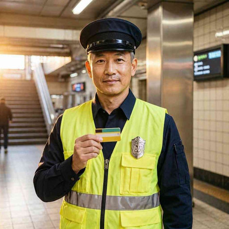 Portrait of a Japanese security guard holding a credit card in a subway station