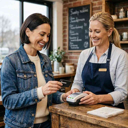 Customer paying with credit card in a cafe. Smiling waitress and customer paying with credit card in a cafe.