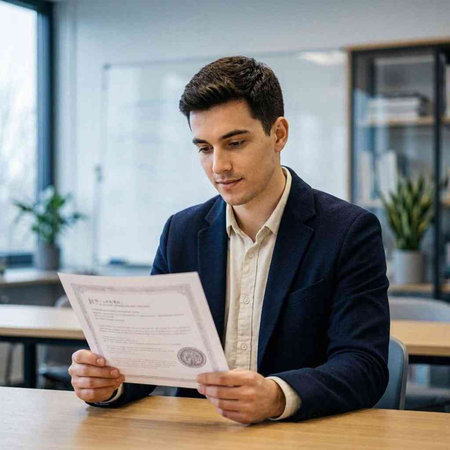 Portrait of a young businessman reading a document in an office.