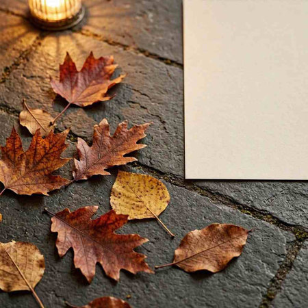 Autumn leaves on the pavement with a blank card for your text