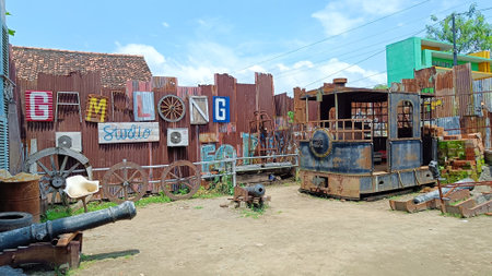 Sleman Regency, Yogyakarta, Indonesia - November 2022 : The Gamplong Studio Landmark inscription is made from used goods in Gamplong Studio Alamのeditorial素材