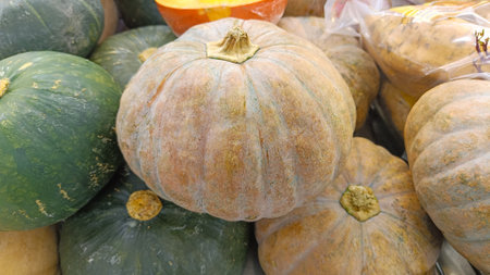 high angle view of pumpkins at farmer's marketの写真素材