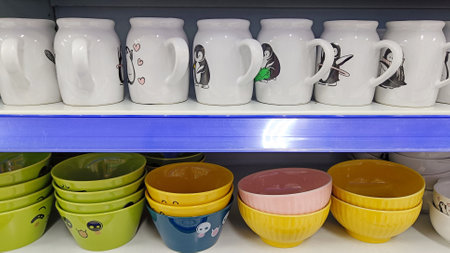white glasses with cute patterns and colorful bowls on a glassware rackの写真素材